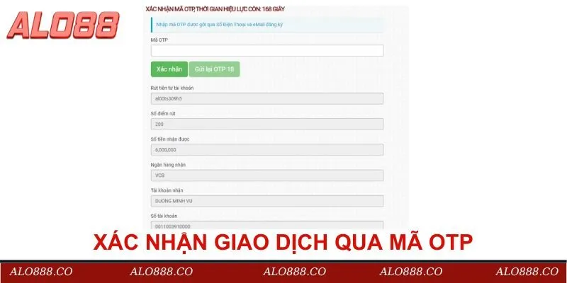 Xác nhận giao dịch mã OTP khi rút tiền Alo88